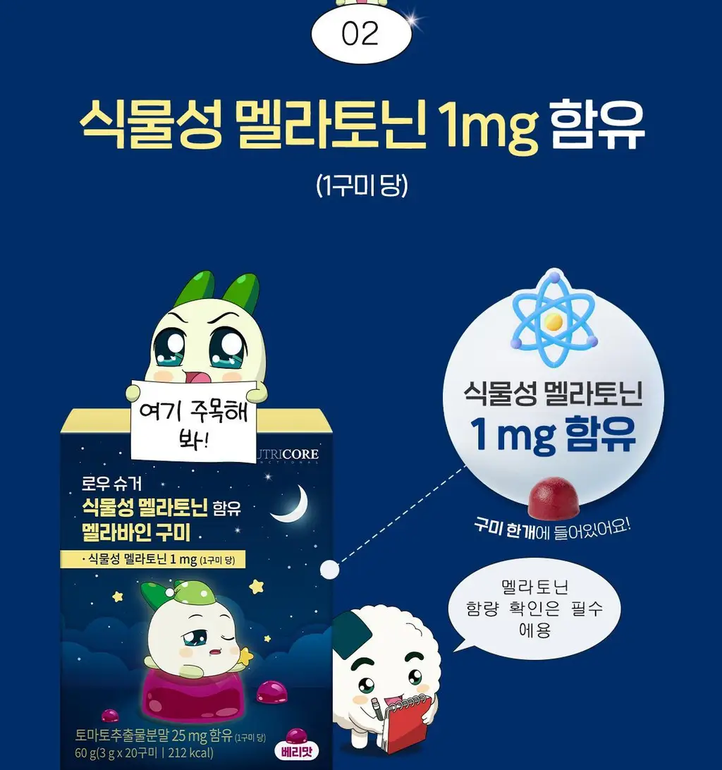 [쿵야키링증정] 뉴트리코어X쿵야 로우 슈거 식물성 멜라토닌 함유 멜라바인 구미 (20/30구미) 상세페이지 13